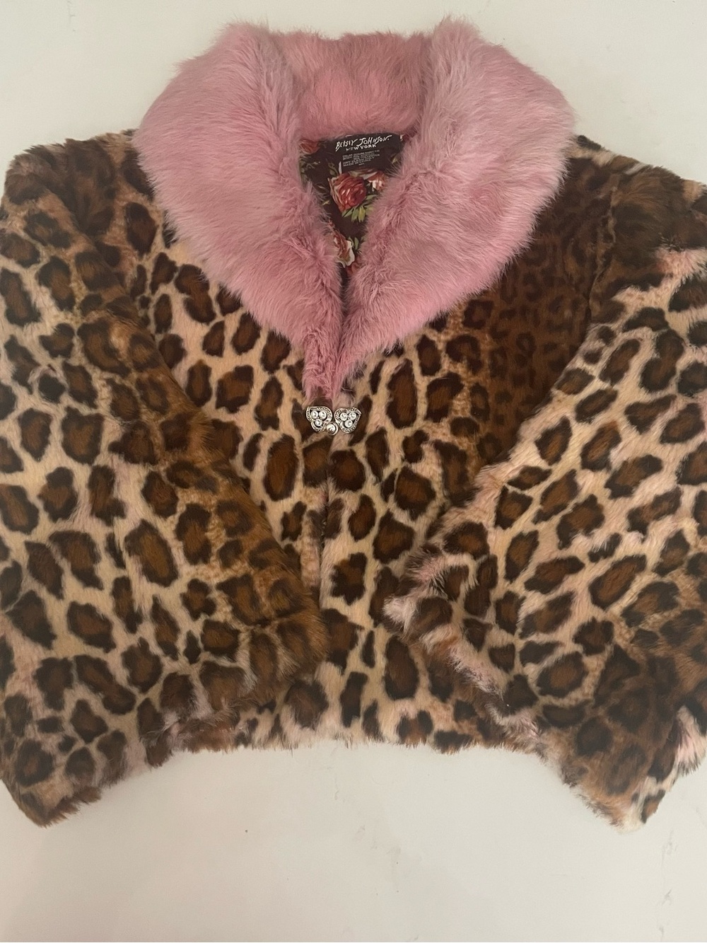 Betsey Johnson Leopard Print Faux Fur Cape Jacket with Pink Faux Fur Collar